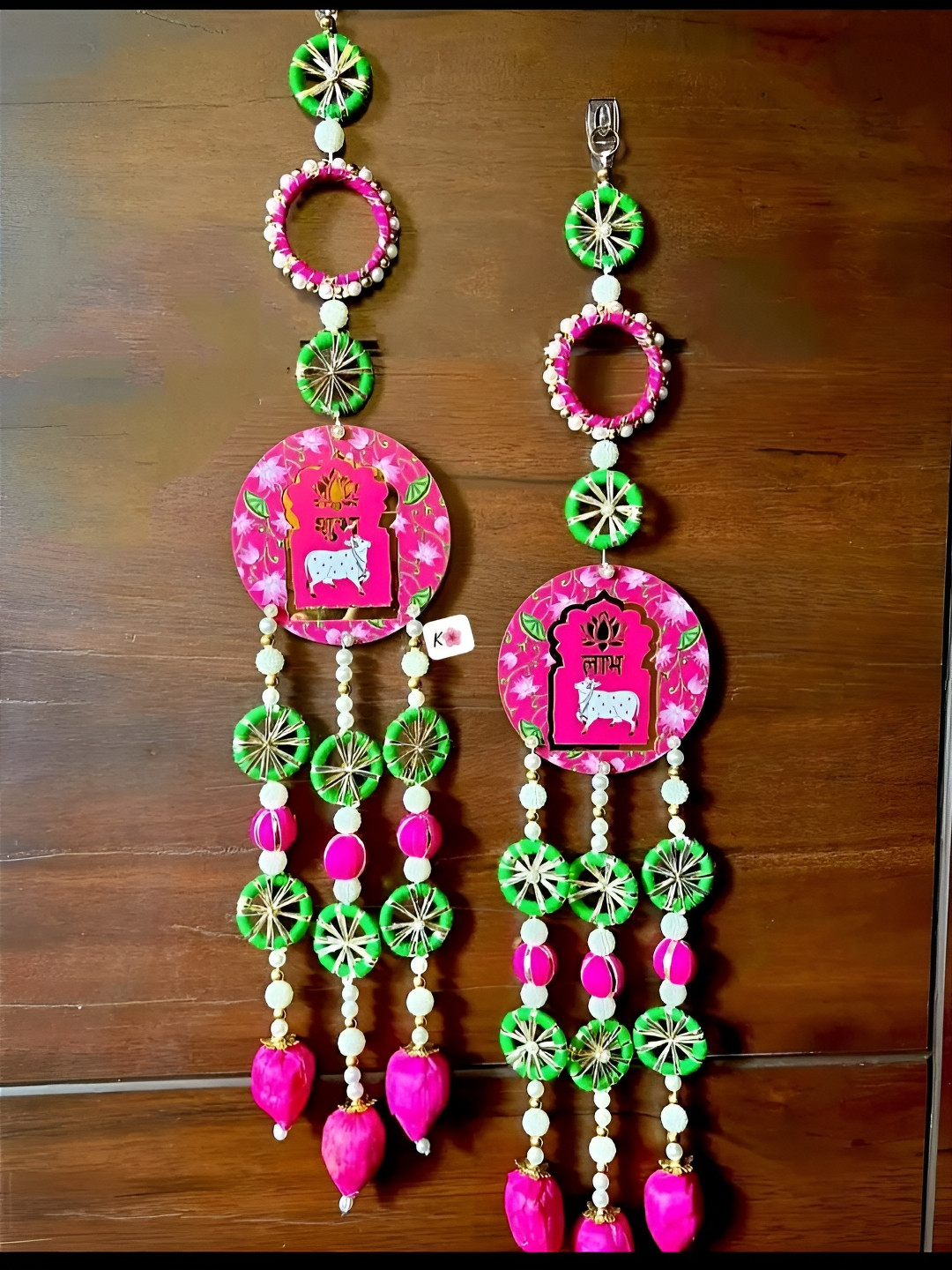 Sellplus 2Pcs Pink & Green Textured Pichwai Cow Lotus Buds Hanging Torans