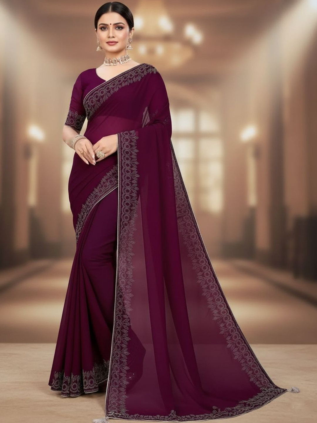 GEN Z TRENDS Embellished Sequinned Pure Georgette Heavy Work Saree