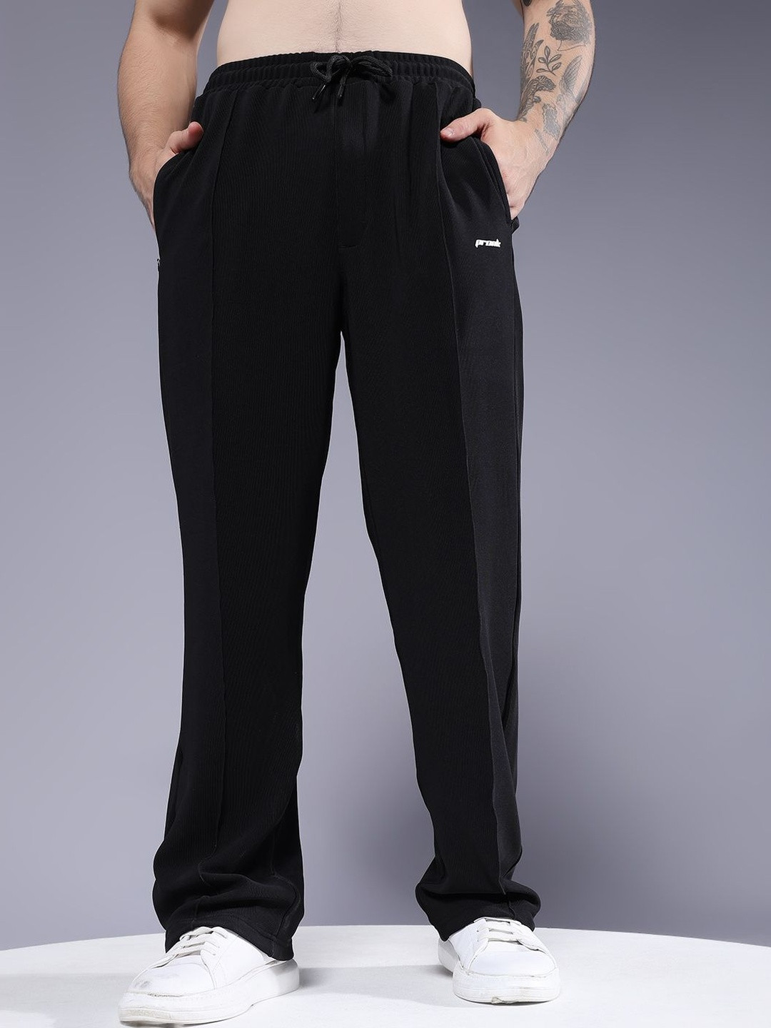 PRONK Men Black Solid Polyester Mid-Rise Relaxed Jogger Pants with Pockets