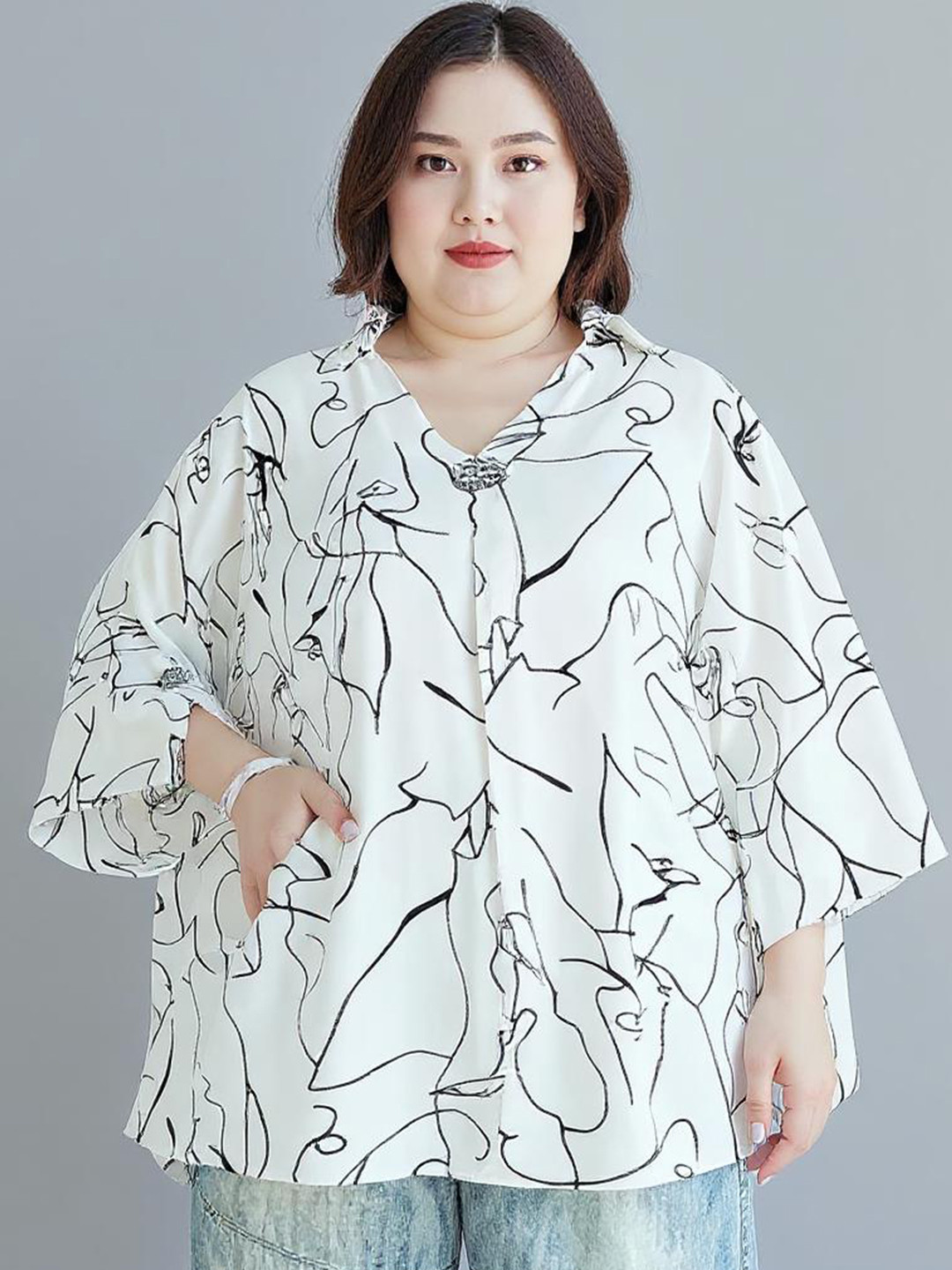Sztori Women Plus size Printed Kimono Sleeve Kaftan Top