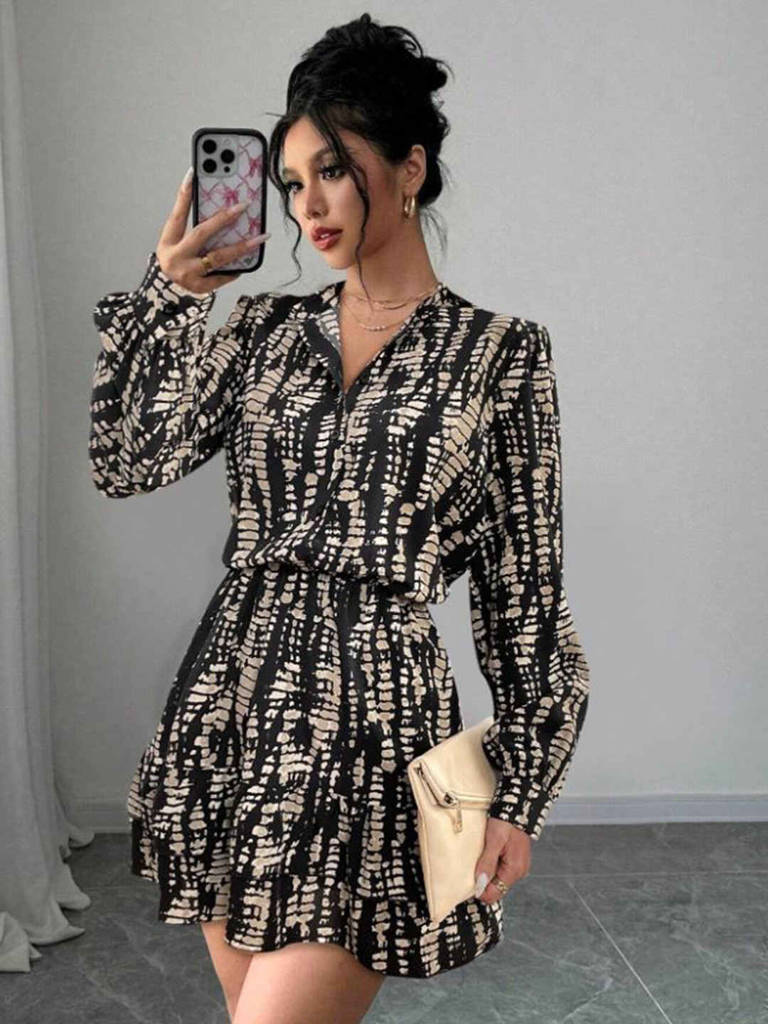 M&H Easy Printed Shirt Collar Cuffed Sleeve Shirt Mini Dress