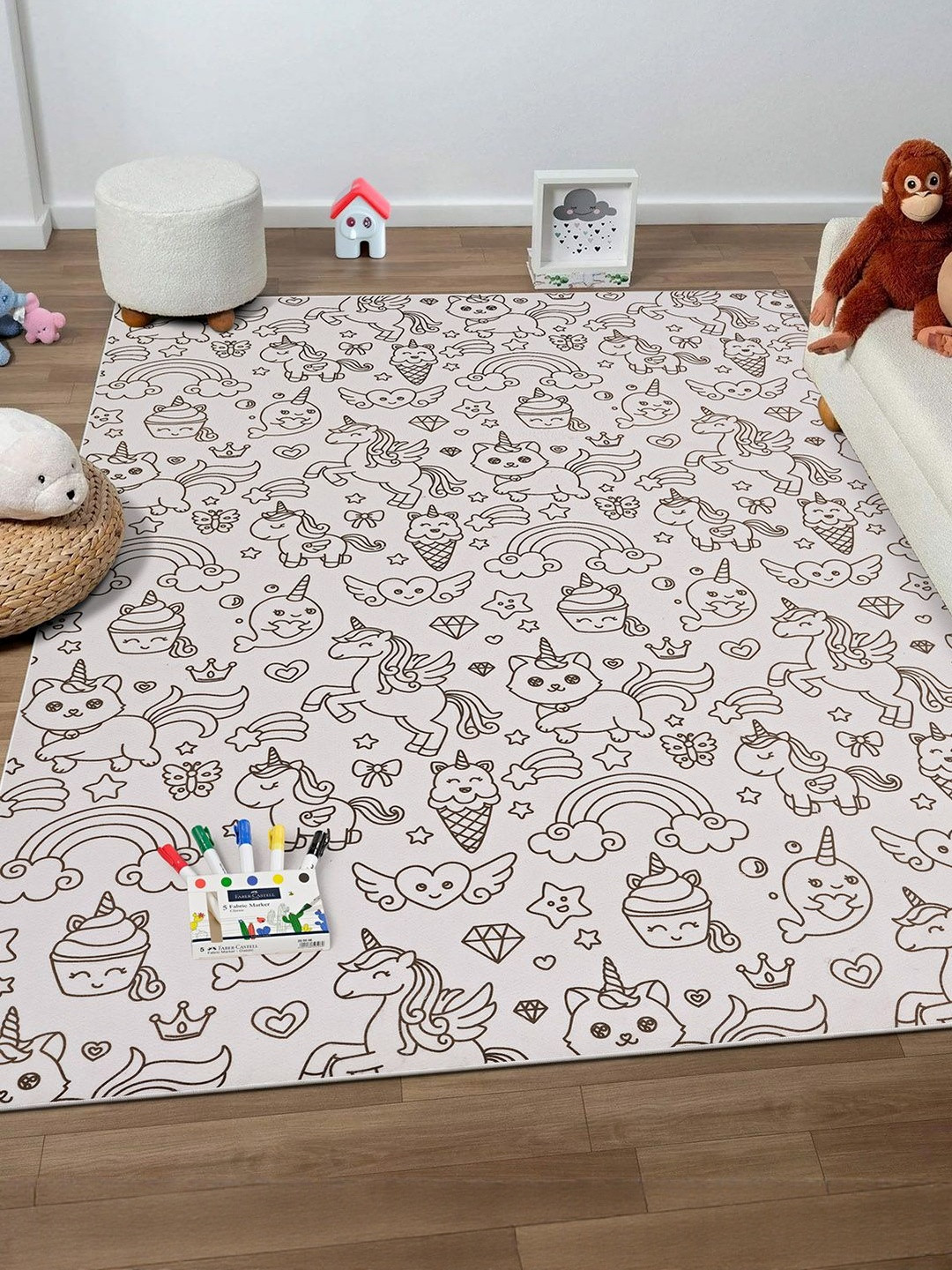 Kaleen India Kids Black Anti-Skid Polyester Doodle Coloring Rugs With Fabric markers