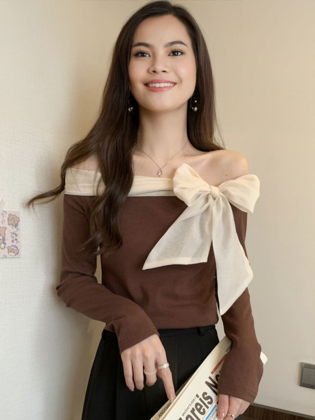 StyleCast Women Bow Off-Shoulder Long Sleeves Top