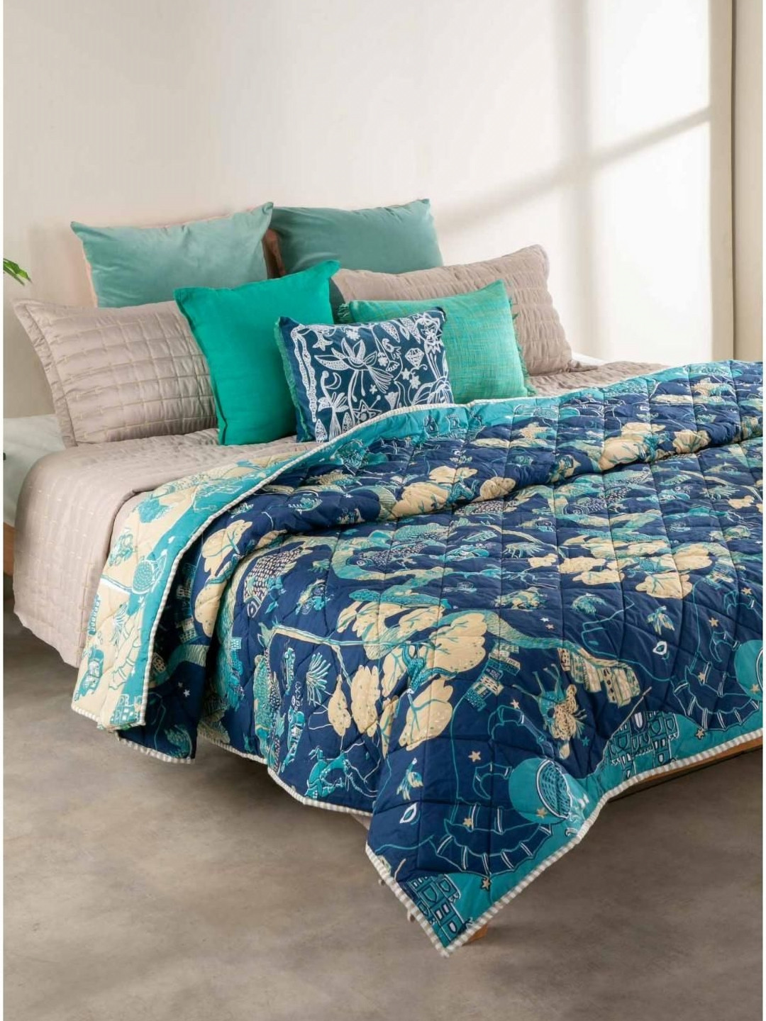 FREEDOM TREE Mindscape Blue & Off White Printed Cotton AC Room Single Bed Quilt