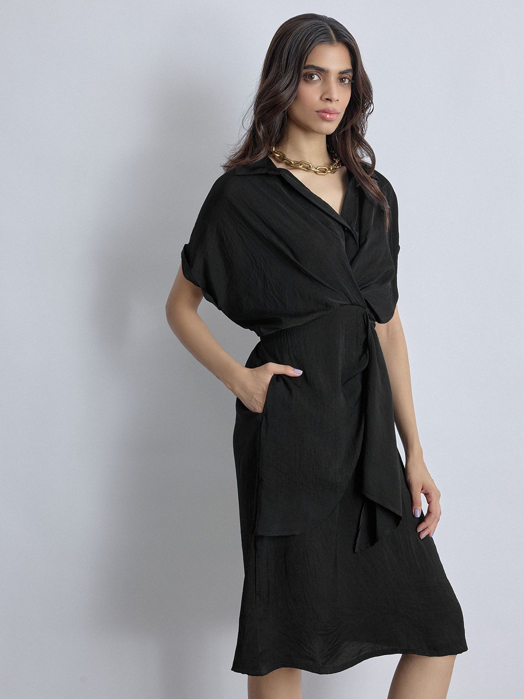 The Label Life Women Black Pleated Drape Dress