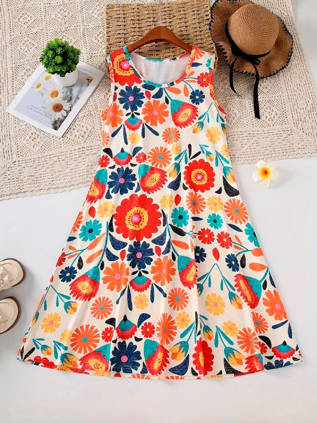 White World Girls Floral Printed Sleeveless A-Line Above Knee Dress