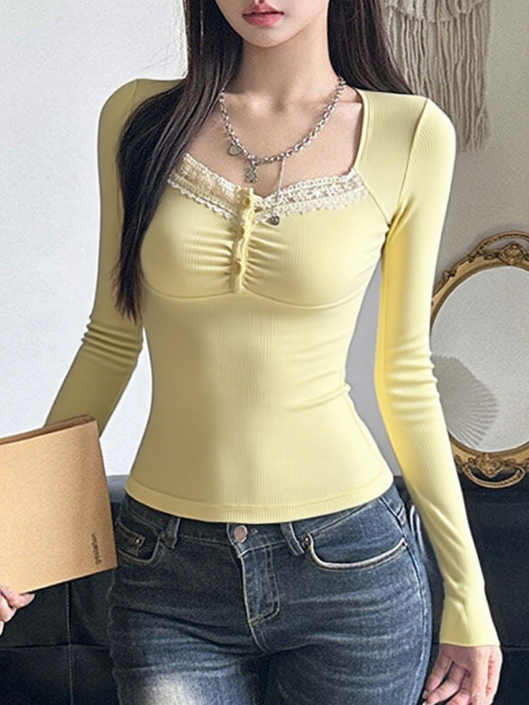 StyleCast x Revolte Women Lace Insert Sweetheart Neck Long Sleeve Regular Top