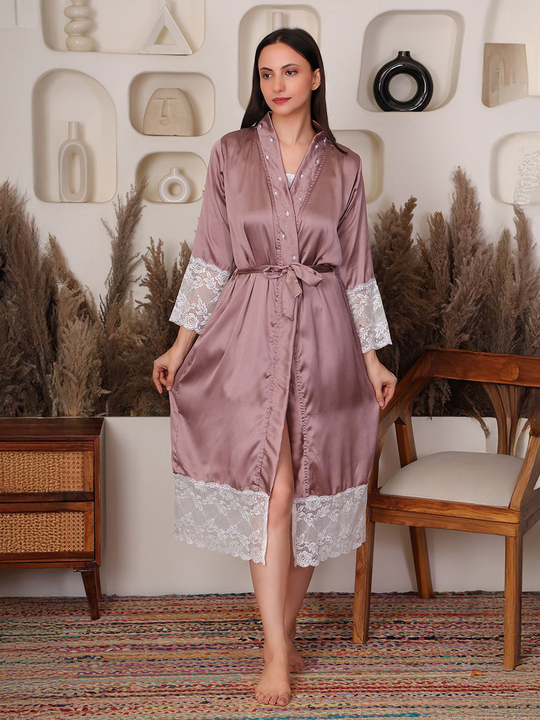 HOUSE OF ELORRA Solid embrioidered V Neck Knee Length Wrap Nightdress