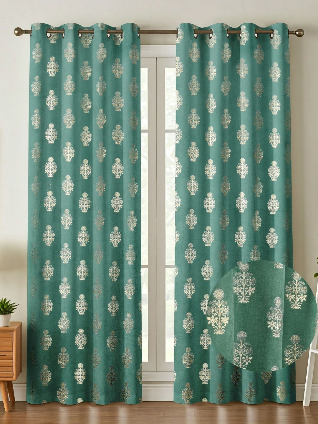 Kiara Creations Green & Gold-Toned 2 Pcs Floral Room Darkening Velvet Long Door Curtain