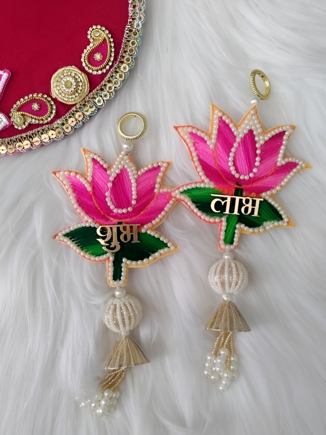 Sellplus Pack Of 2 Pink & Green Textured Lotus Patch Shubh Labh Hanging Torans