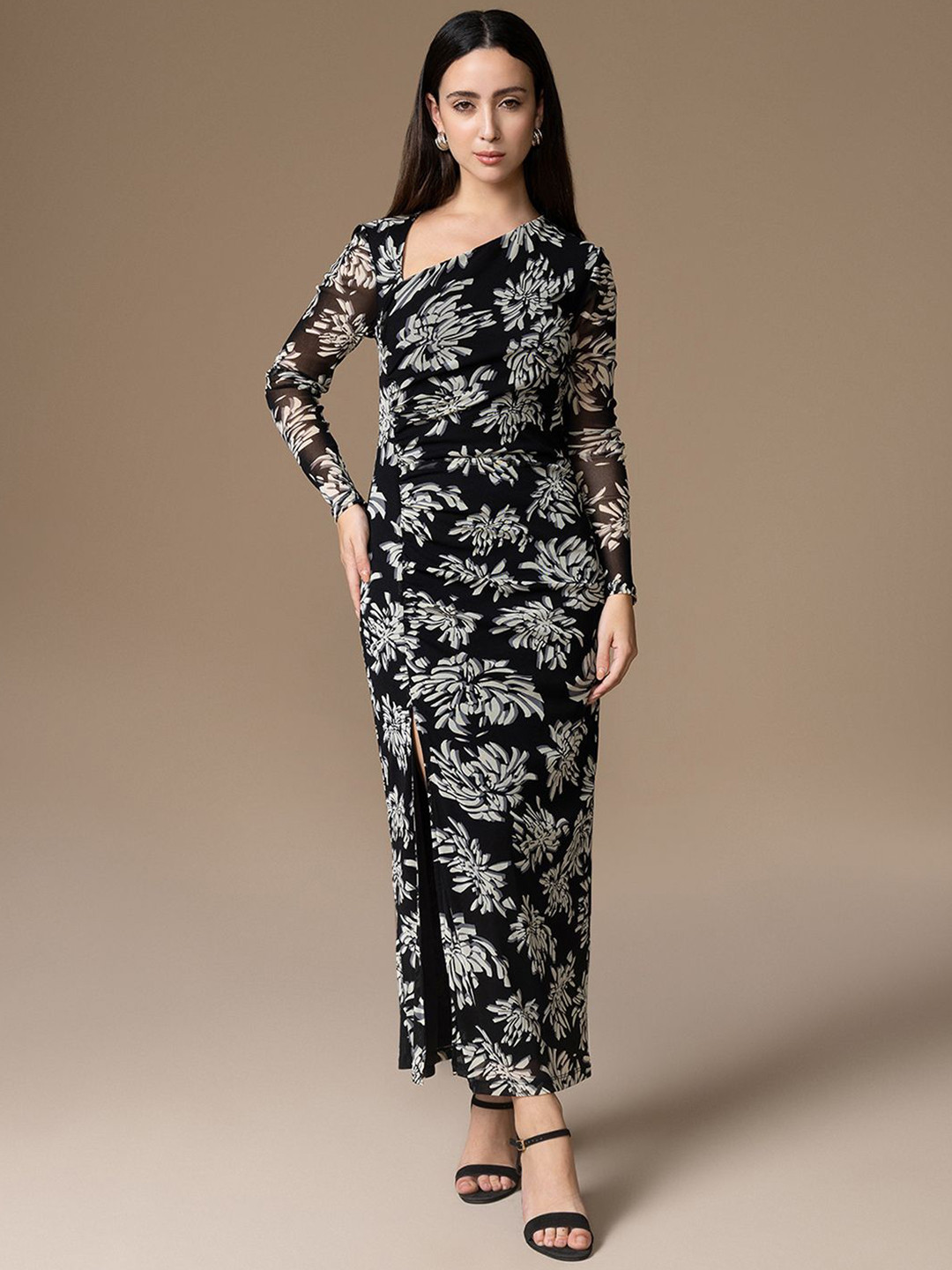 Kazo Women Abstract Printed Long Sleeve Bodycon Maxi Dress