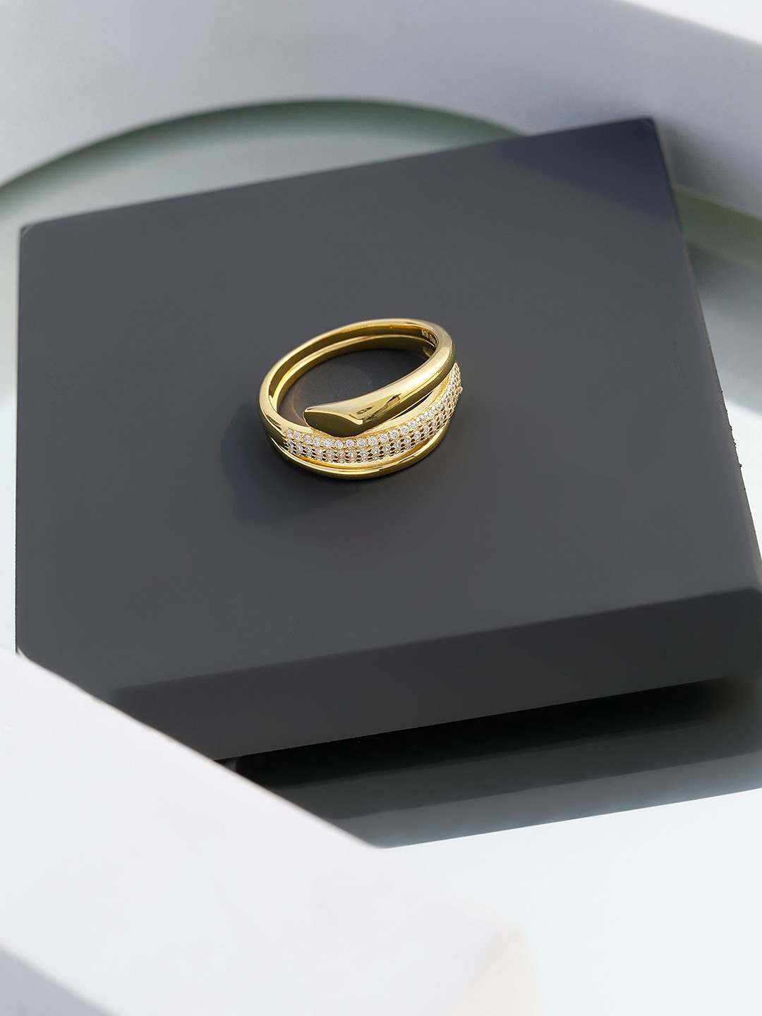 DIAVO Sterling Silver Gold-plated  Artificial Stones Studded Spiral Finger Ring