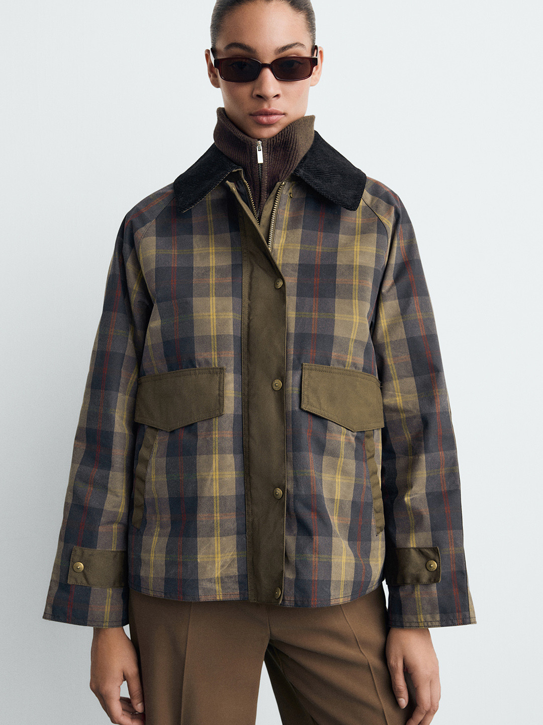 MANGO Ribbed Contrast Collar Checked  Jacket