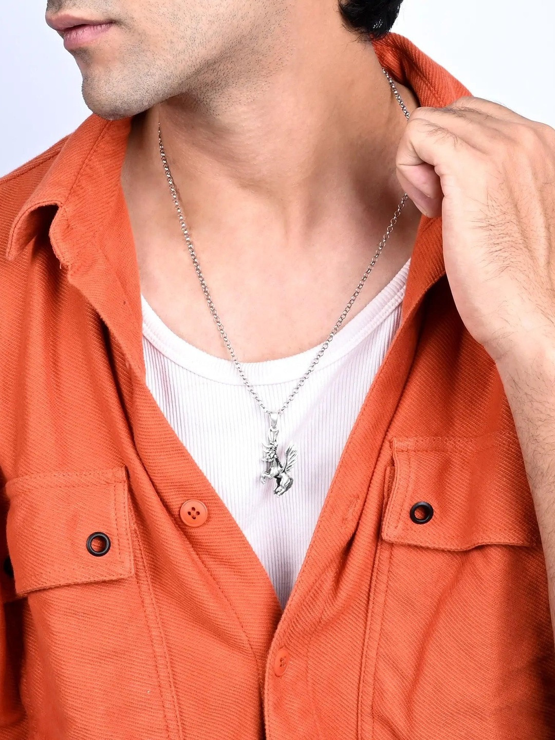 TOUCH925 Men Silver-Plated Cubic Zirconia Studded Statement Necklace And Chains