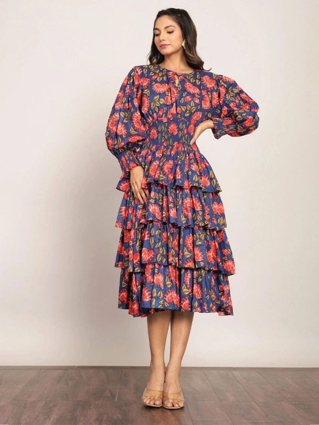 M&H Easy Women Floral Printed Layered Puff Sleeve Midi Dress