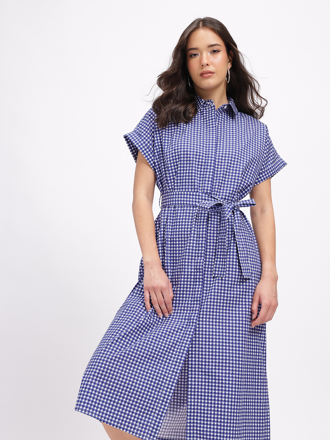 glitchez Micro Checked Extended Sleeves Shirt Midi Dress with Belt
