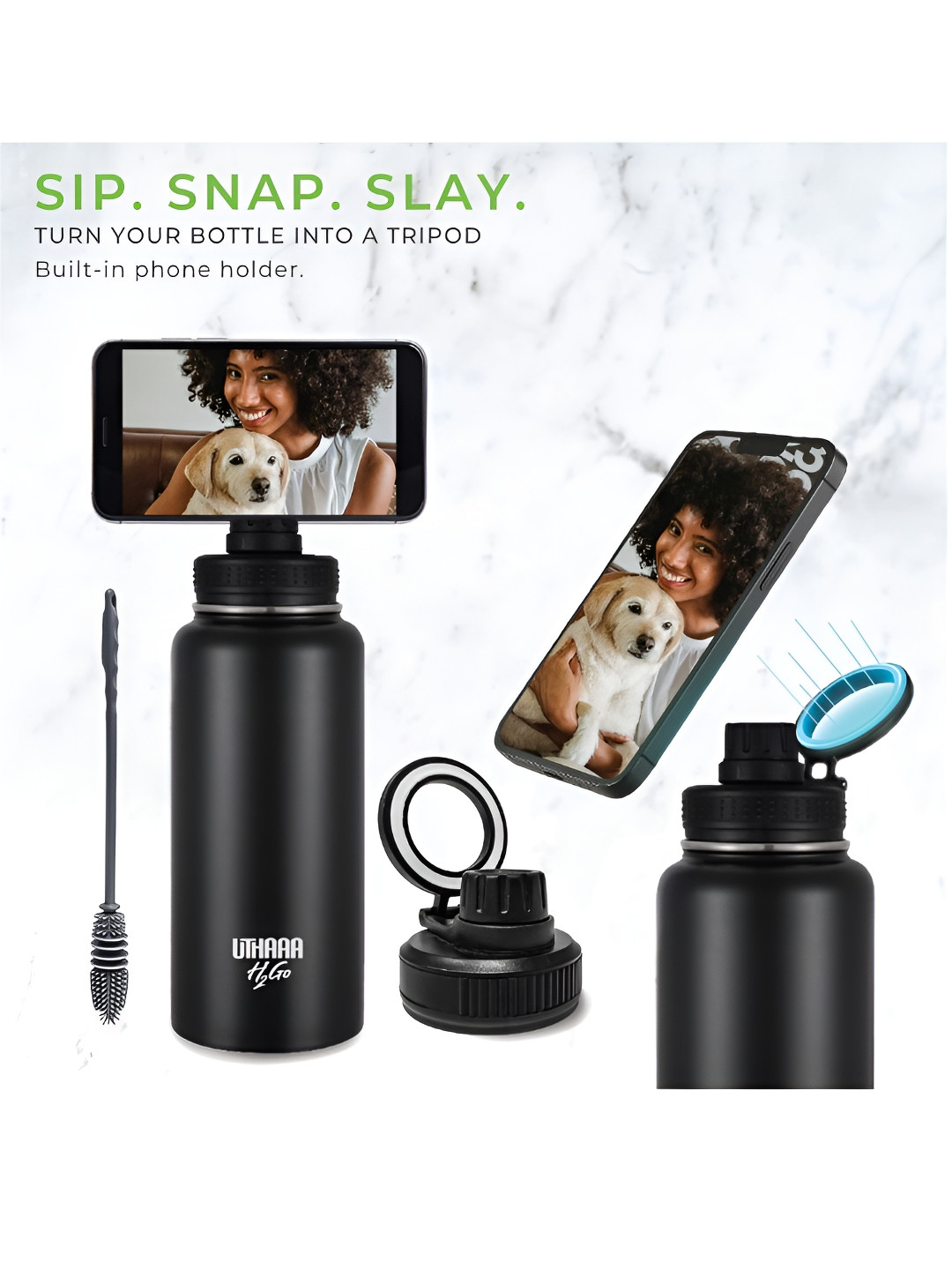 Uthaaa H2Go Shadow Black Vacuum Insulated Bottle with Magnetic Phone Holder 950 ml
