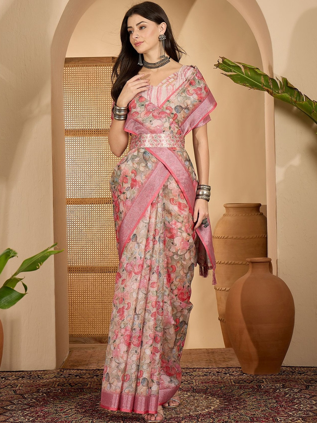 Suha Floral Digital Printed Zari Border Belted Sarees With Unstitched Blouse Piece