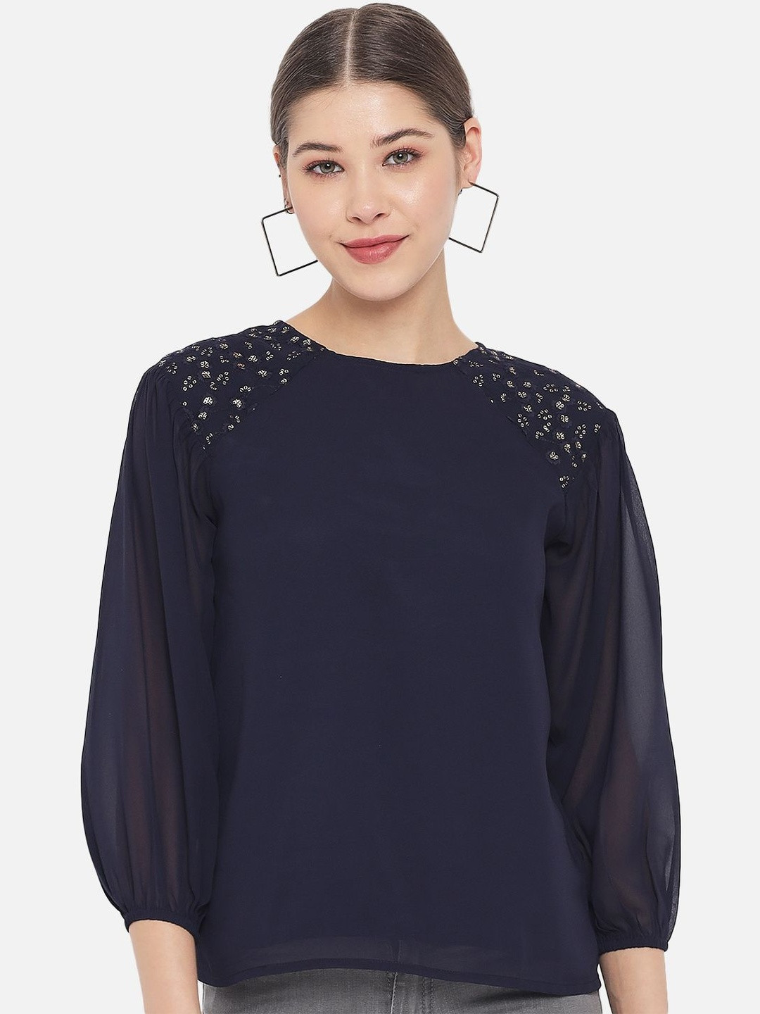 Navy Blue Embellished Puff Sleeve Top