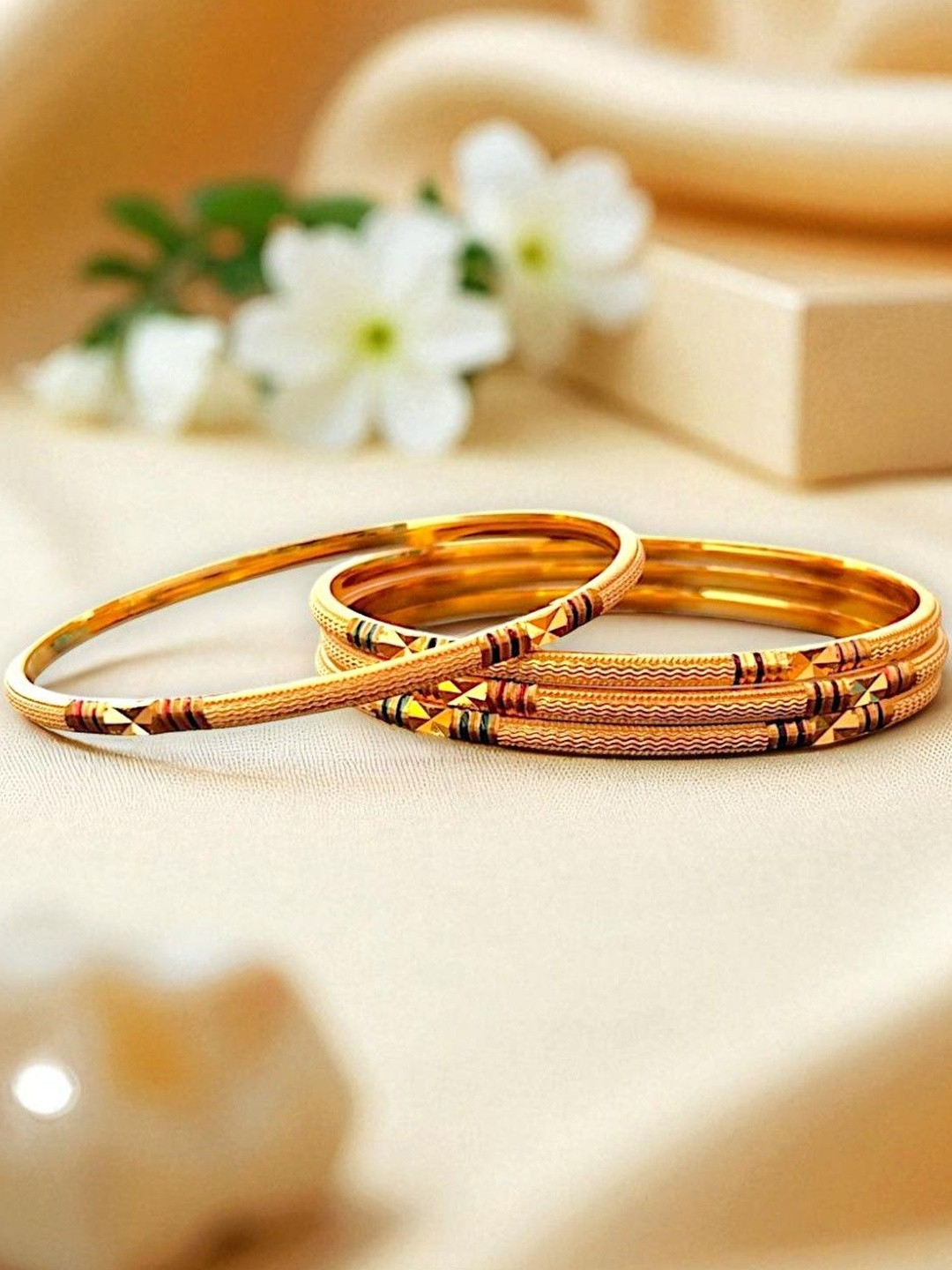 AccessHer Women Set of 4 Gold Plated Textured Kada Bangles Set