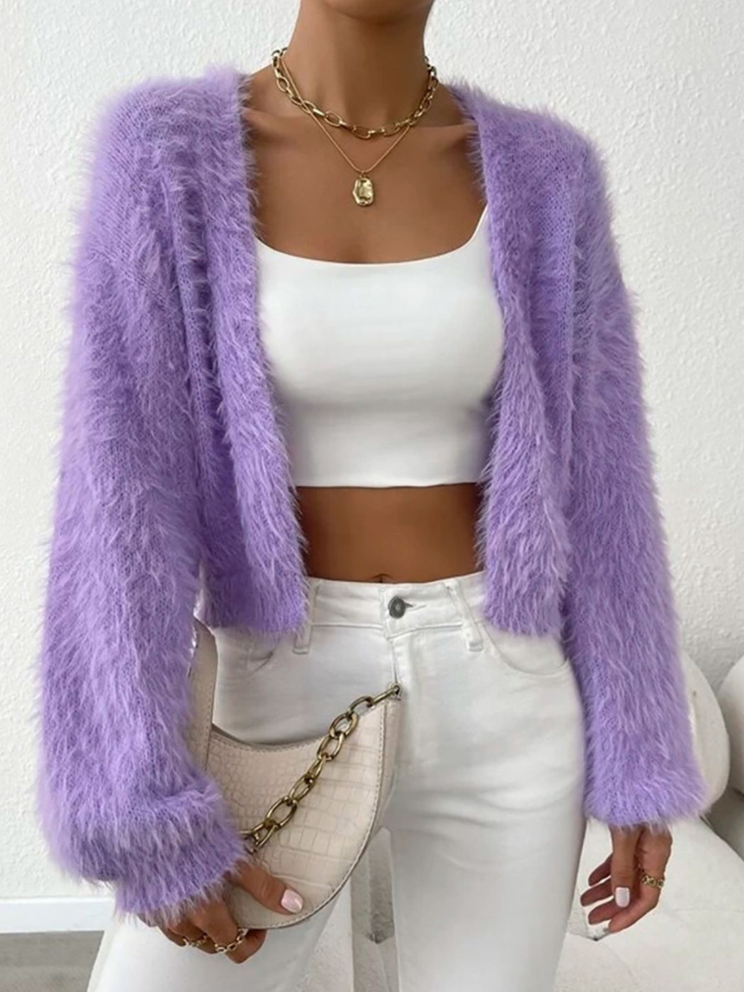 StyleCast Women Self Design Boucle Shawl Collar Crop Cardigan