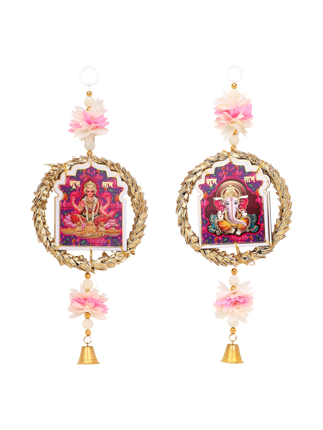 Akaar 2Pcs Pink & White Textured Laxmi Ganesh Latkans Hanging Garlands