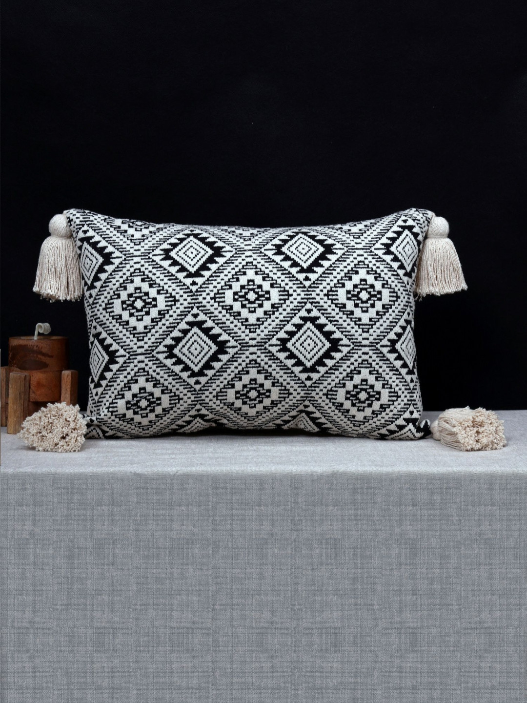 ANWYN Black & Off White Geometric Printed Cotton Rectangle Cushion Cover With Tassels