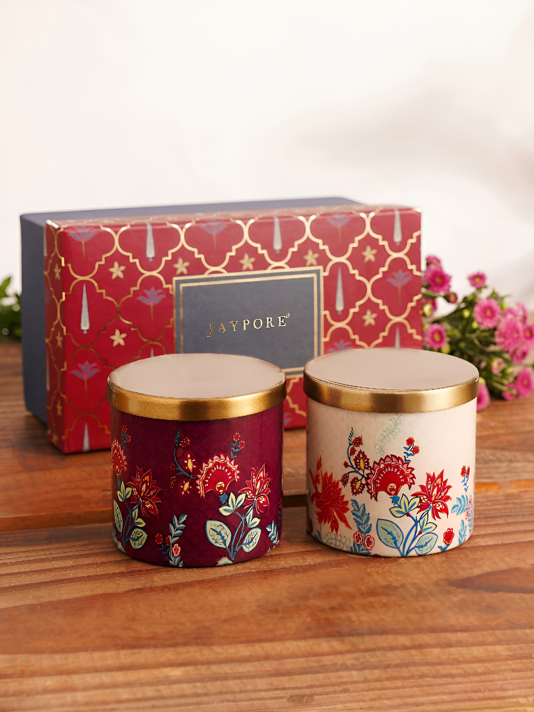 JAYPORE Cream-Coloured & Maroon 2 Pieces Jar Candles