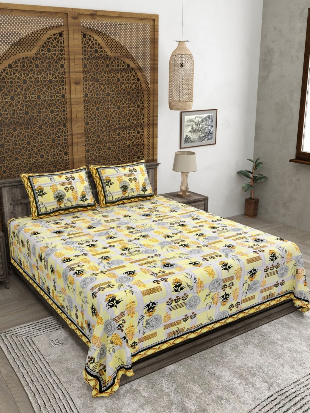 CLOTHOLOGY Yellow & Black Printed Pure Cotton 180 TC King Bedsheet Set 2.75 m x 2.25 m
