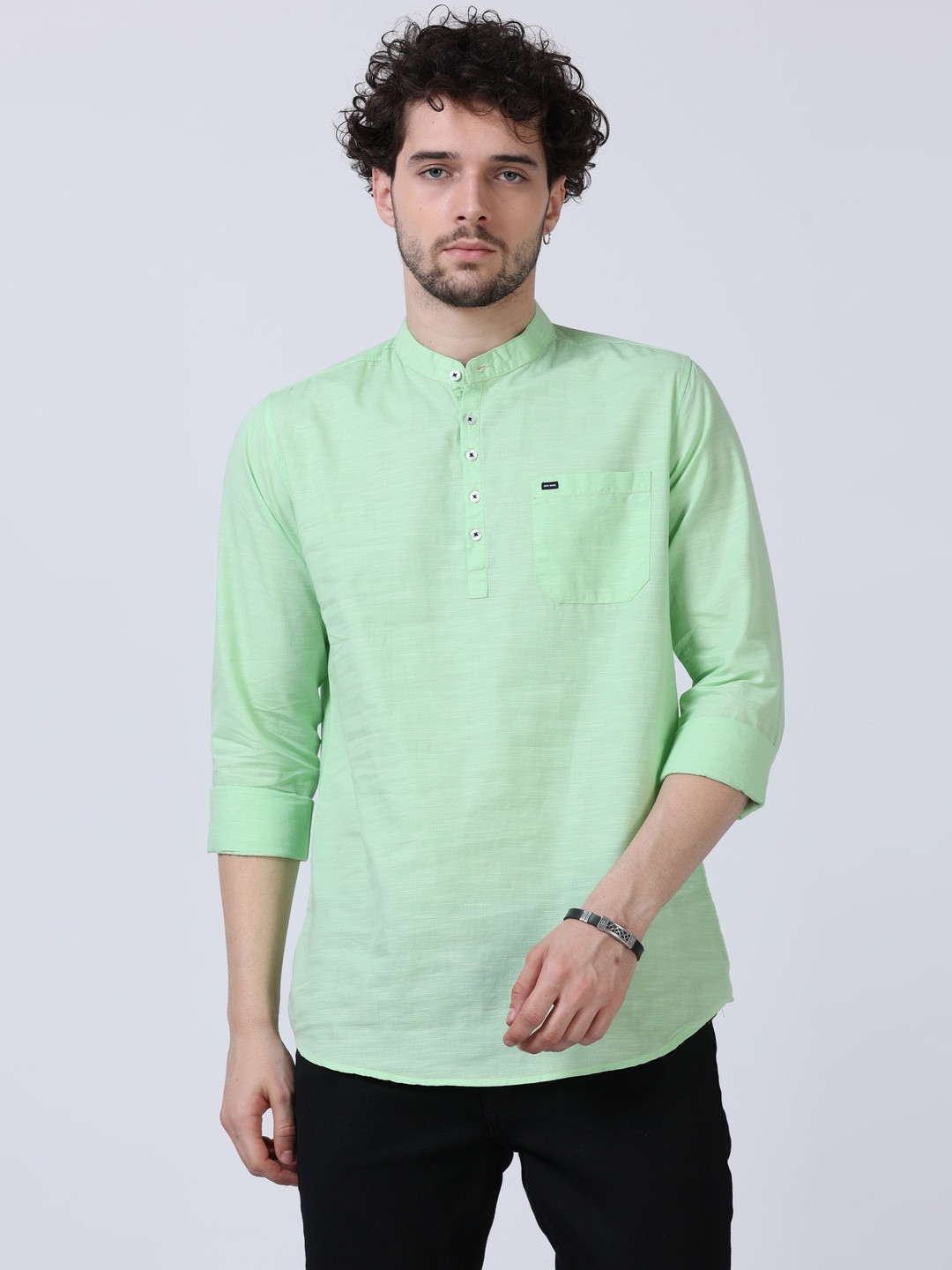 RS Fashions Men Green Cotton Blend Short Kurta