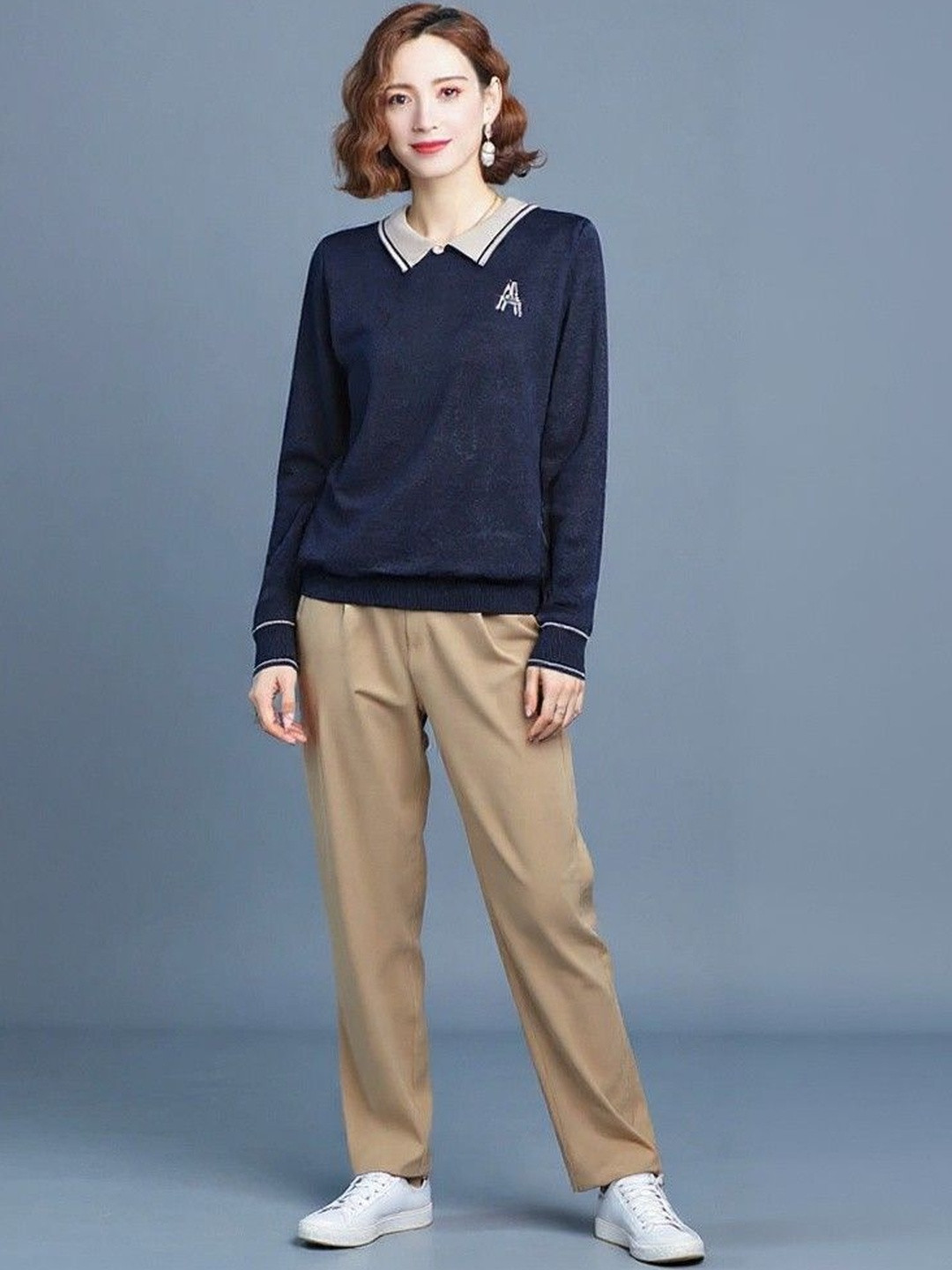 DressBerry Women Navy Blue Ribbed Shirt Collar Pullover With Embroidered Detail