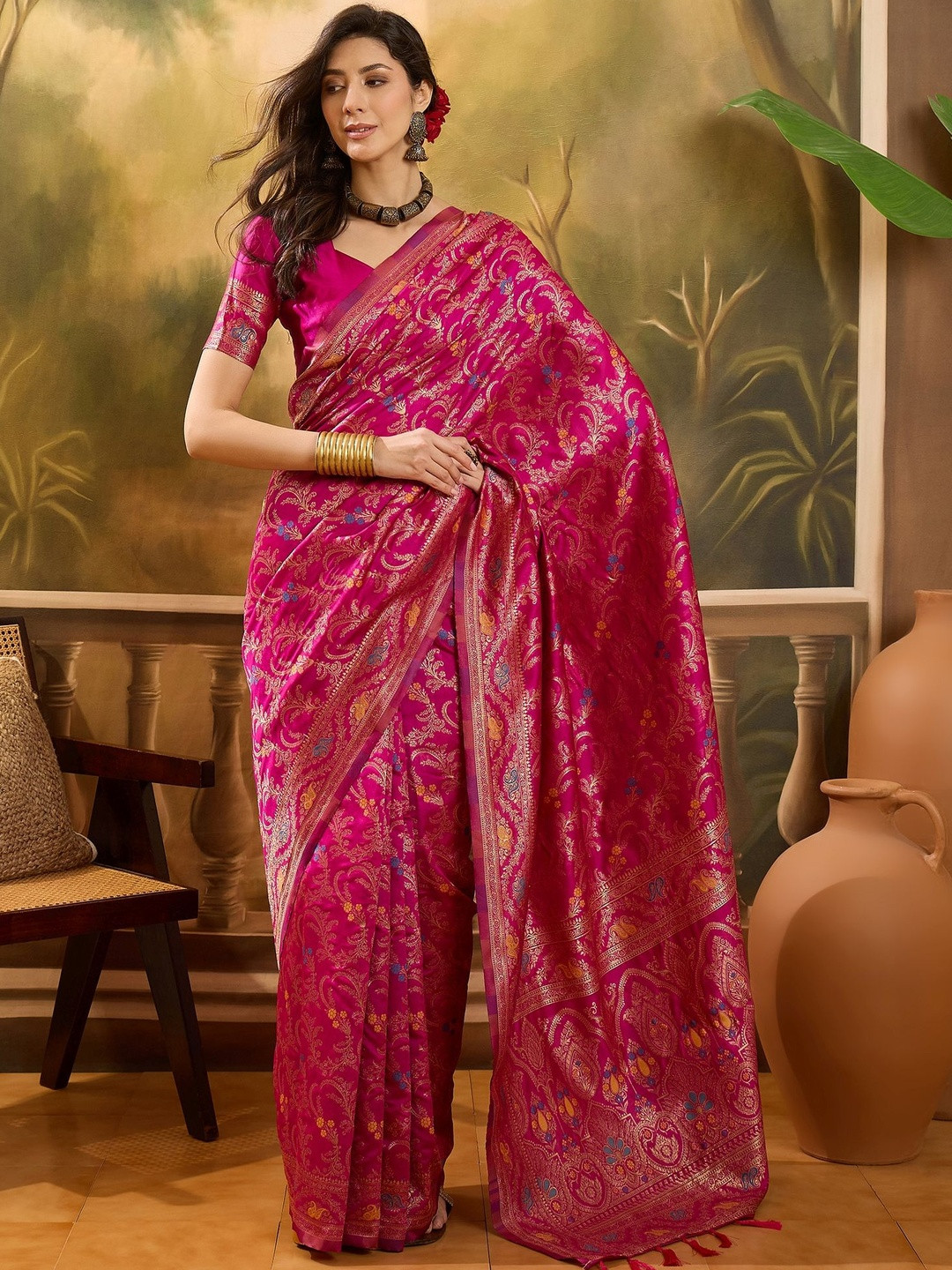 Suha Floral Woven Design Banarasi Saree With Rich Zari Weaving & Tassel Pallu