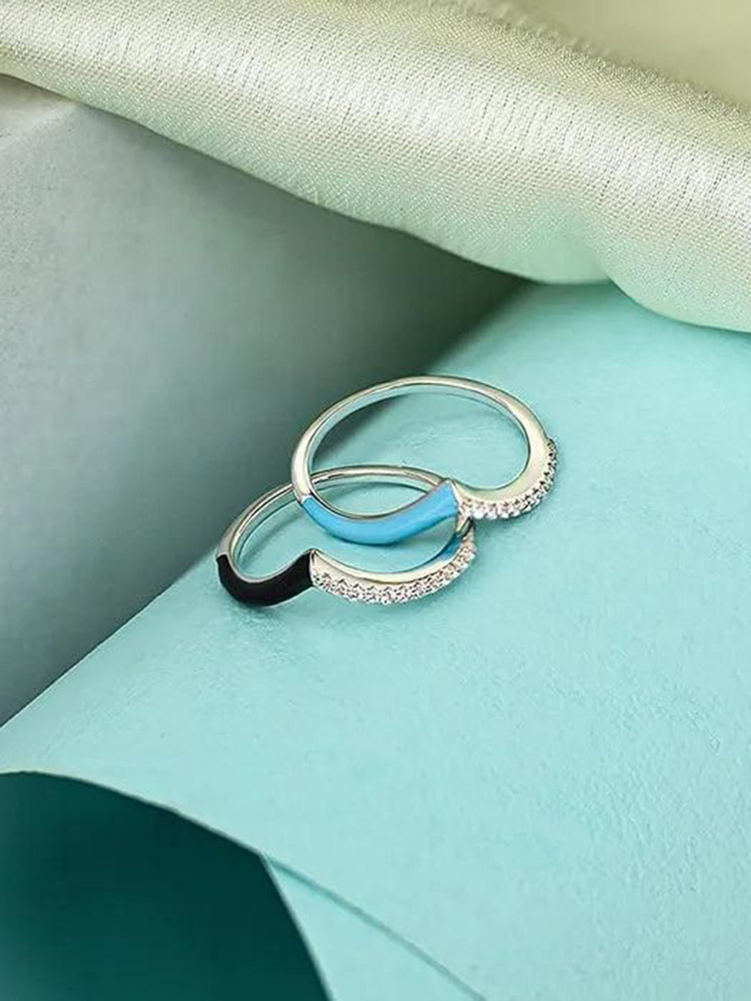 TOUCH925 Set Of 2 925 Silver Cubic Zirconia Stone-Studded Stackable Finger Rings