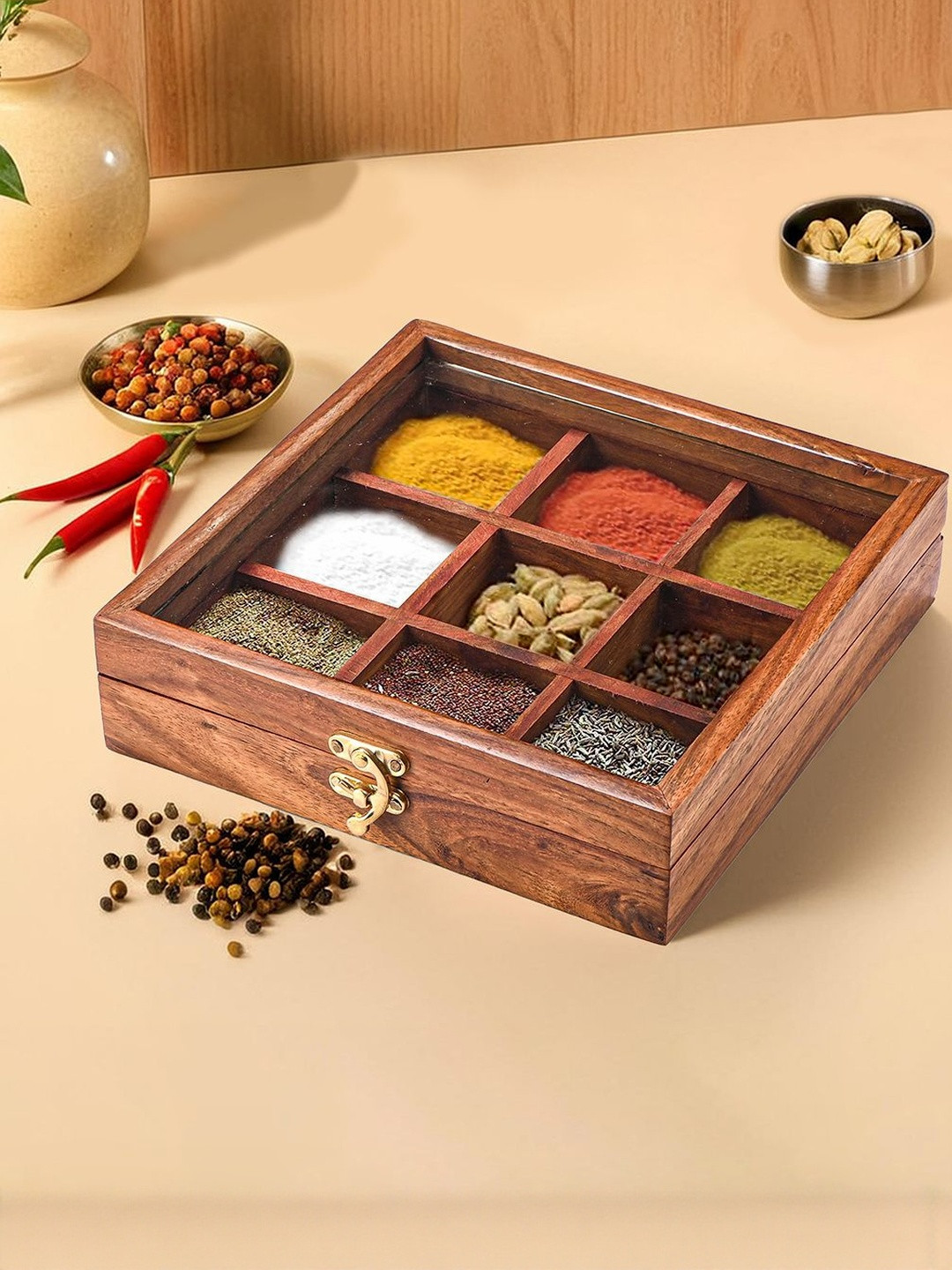 Myntra Elegant Homes Square Wood Spice Box for Kitchen Storage with Top Glass Lid