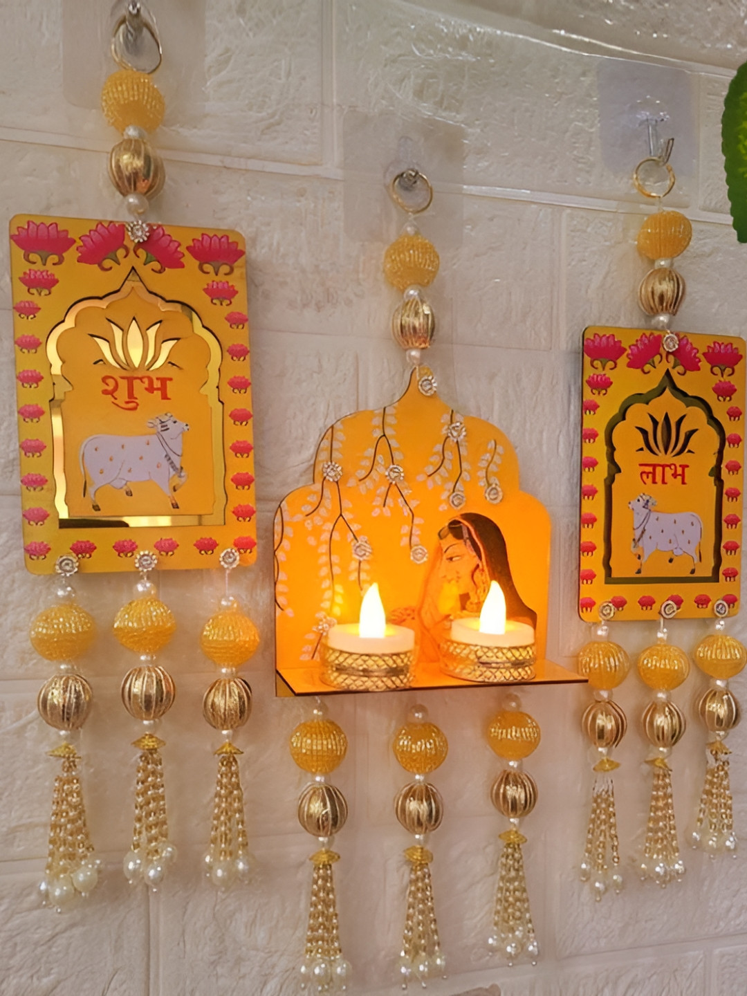 Sellplus Set Of 3 Pink& Yellow Textured Pichwai Cow T-Light Holder Hanging Torans