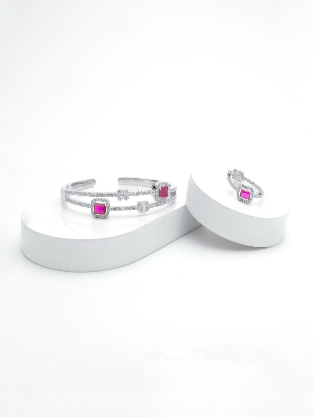 TASSYA Silver-Plated Ruby Studded Bracelet and Ring