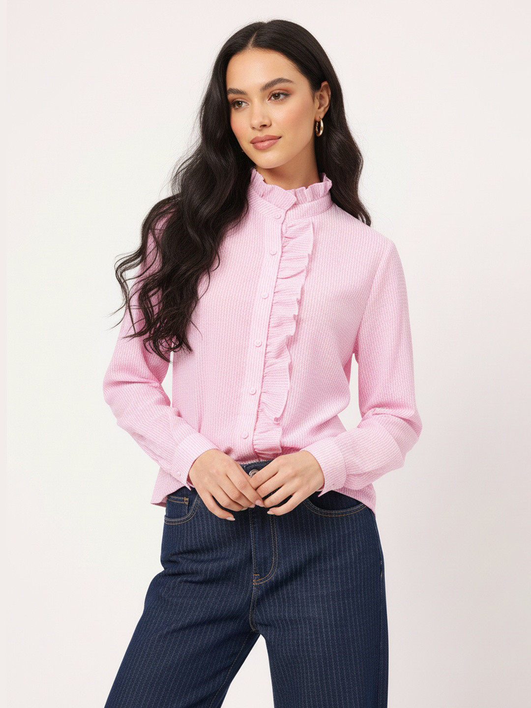 DressBerry Refined Casual Seersucker Striped Ruffles Detail Longline Shirt