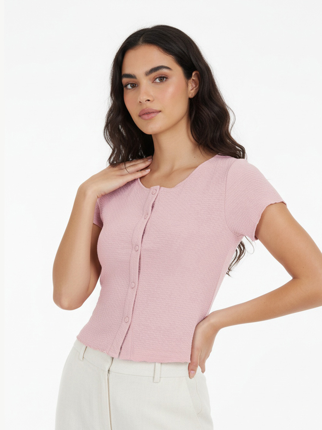 Pink Textured Button-Down Top