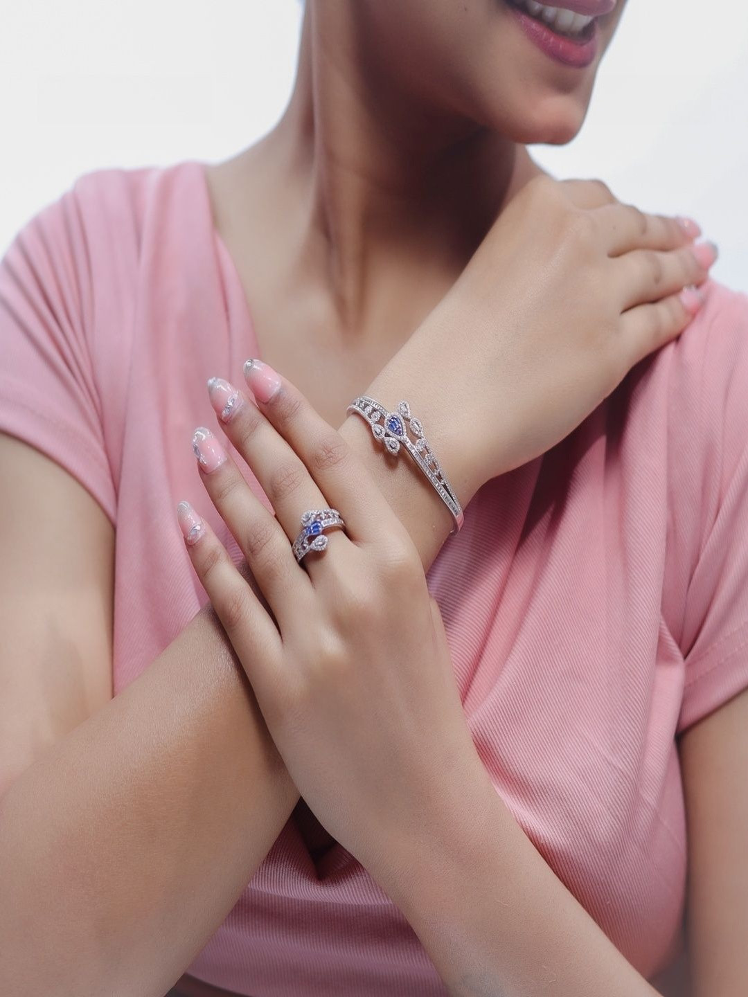 TASSYA Sterling Silver-Plated Sapphire Studded Bracelet and Ring