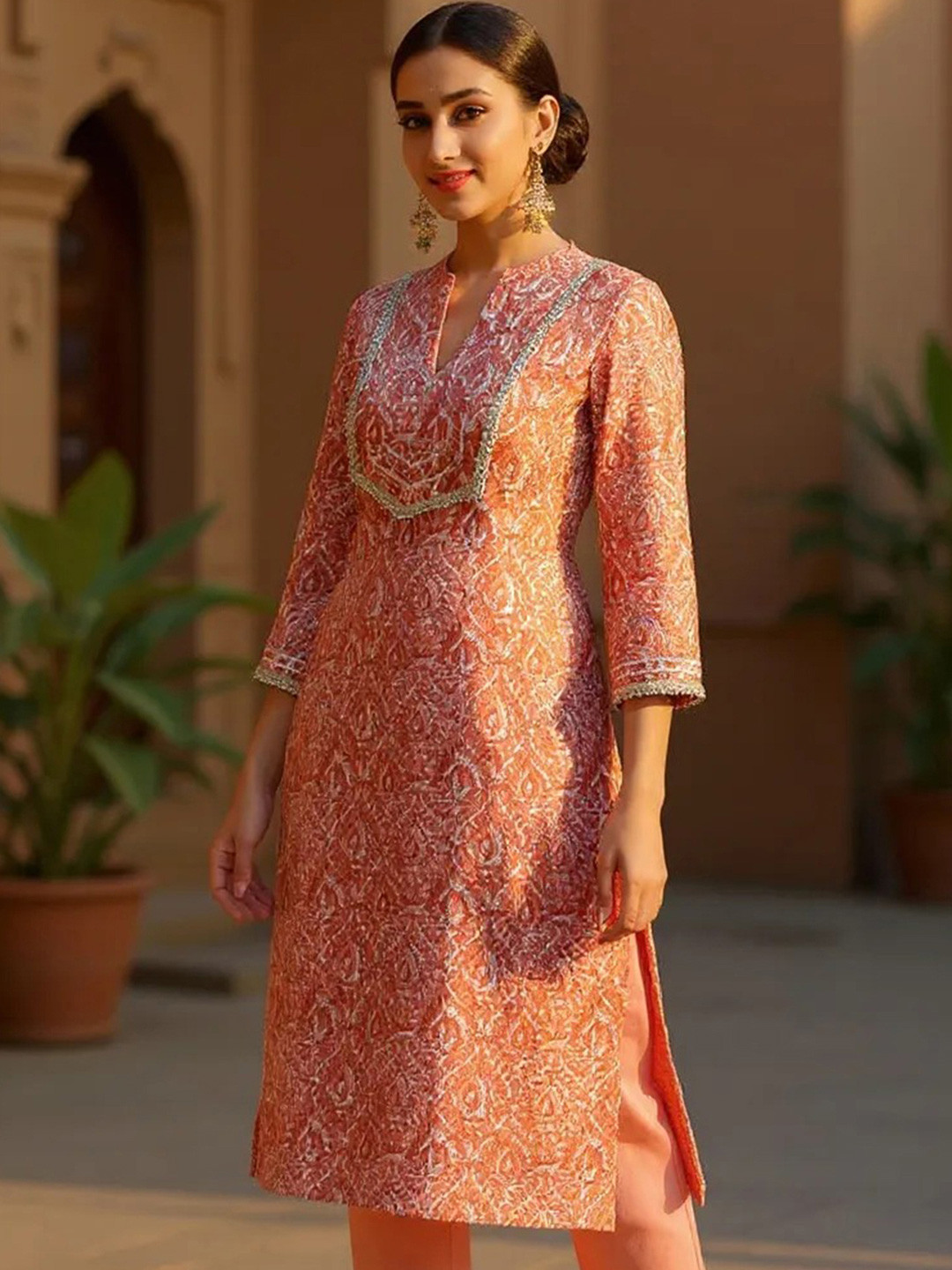 KALINIEthnic Motifs Yoke Design Mandarin Collar Thread Work Straight Kurta