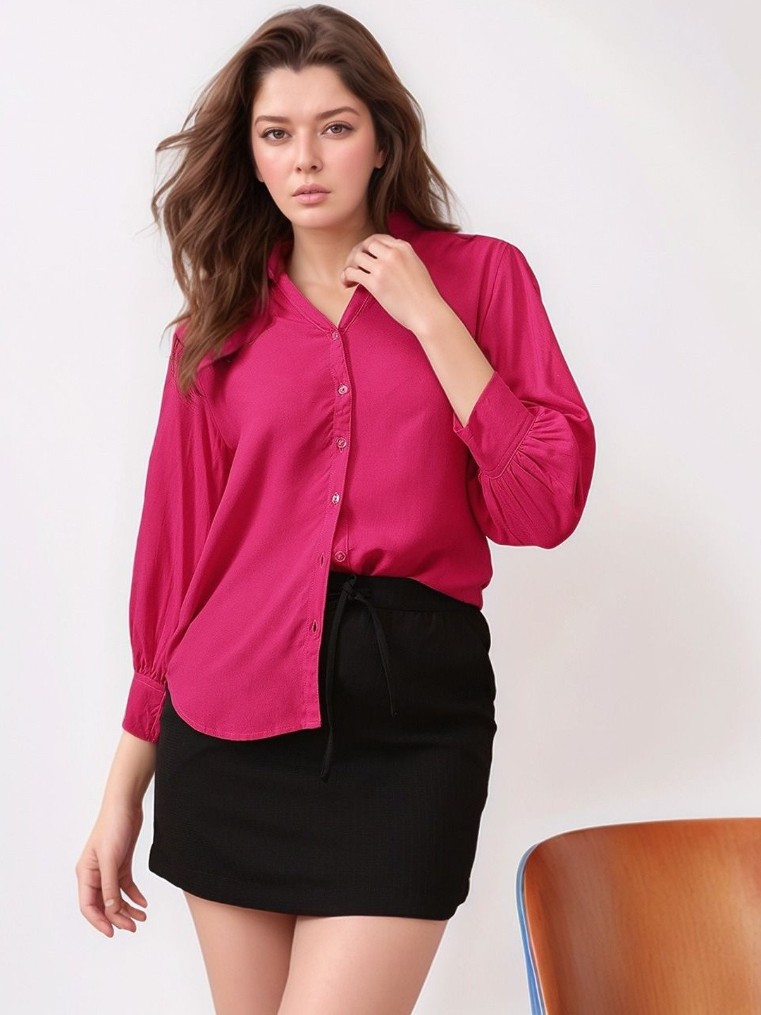 Molly & Michel Women Mandarin Collar Puff Sleeves Top