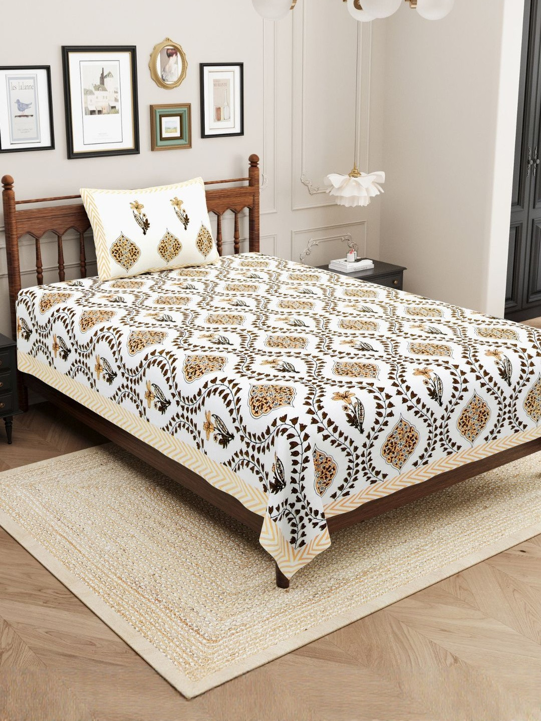 Myntra Elegant Homes Orange & White 210 TC Block Print Single Bedsheet with 1 Pillow Cover