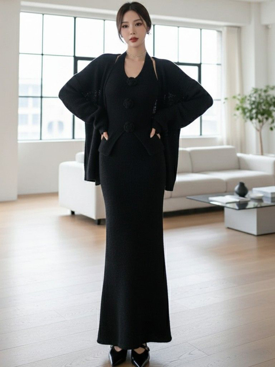 bebe Self Design V-Neck Top Jacket & Skirts