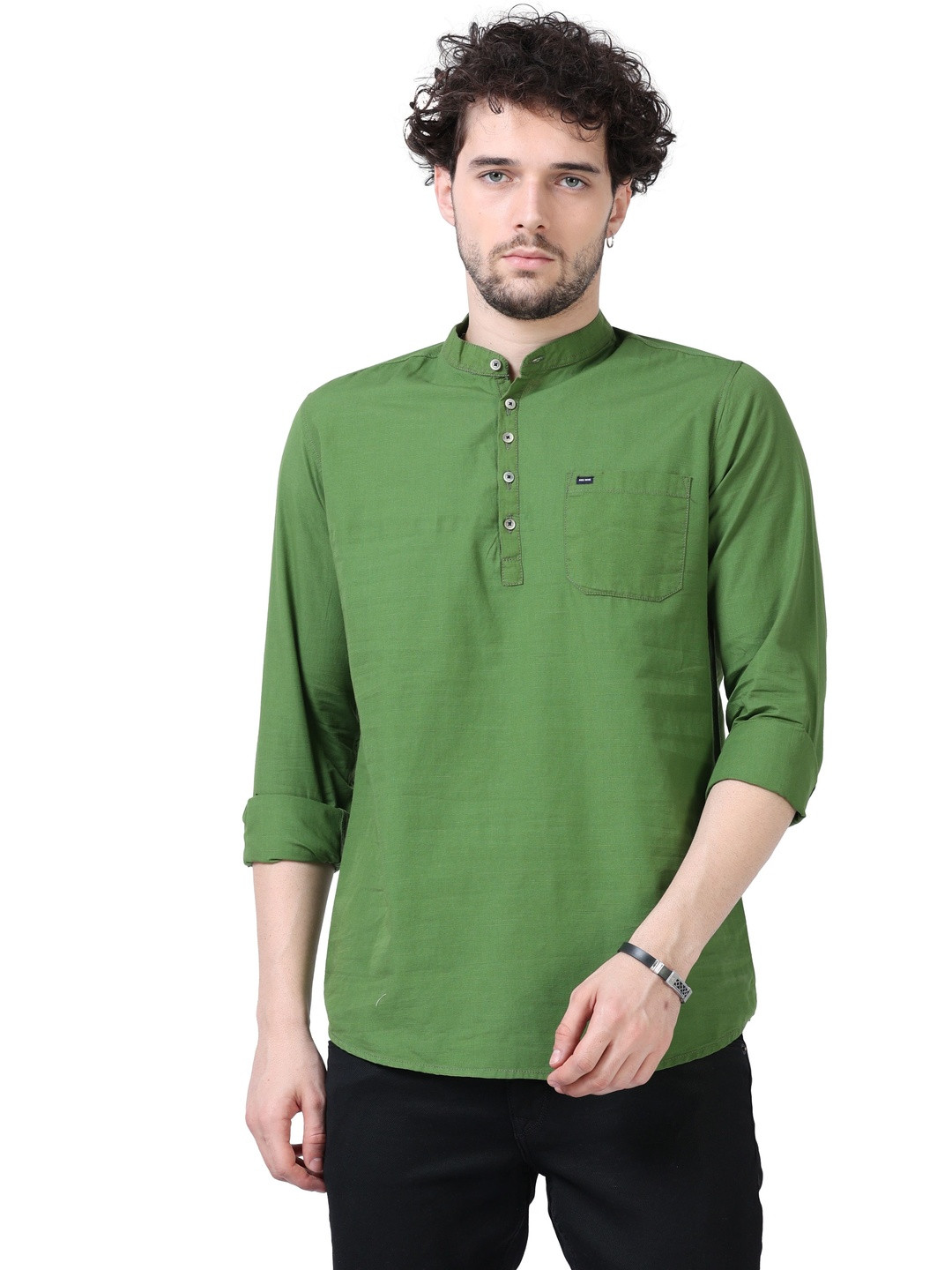 RS Fashions Men Olive Green Cotton Blend Short Kurta