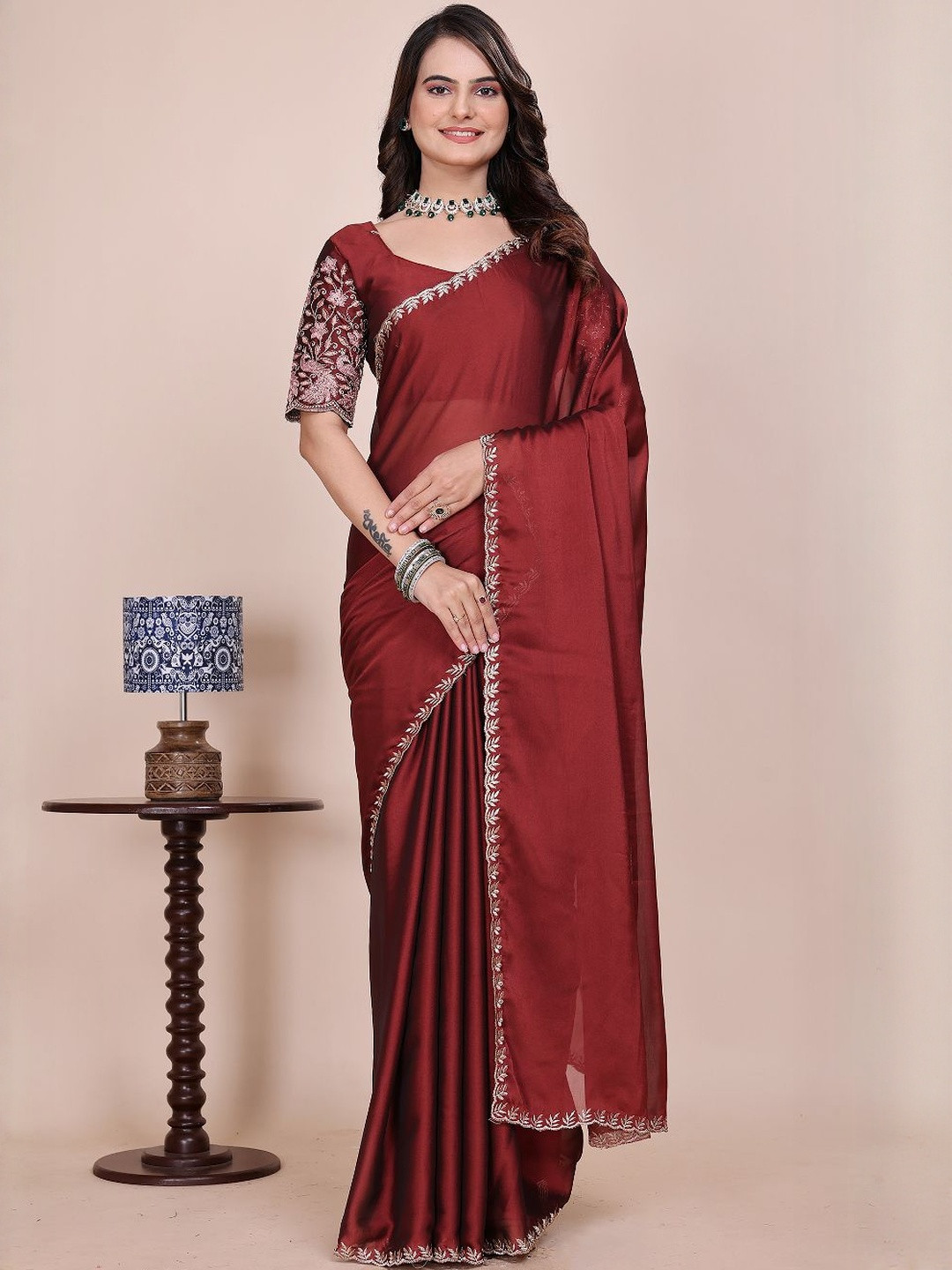 K 5 Fashion Women Solid Embroidered Chiffon Saree