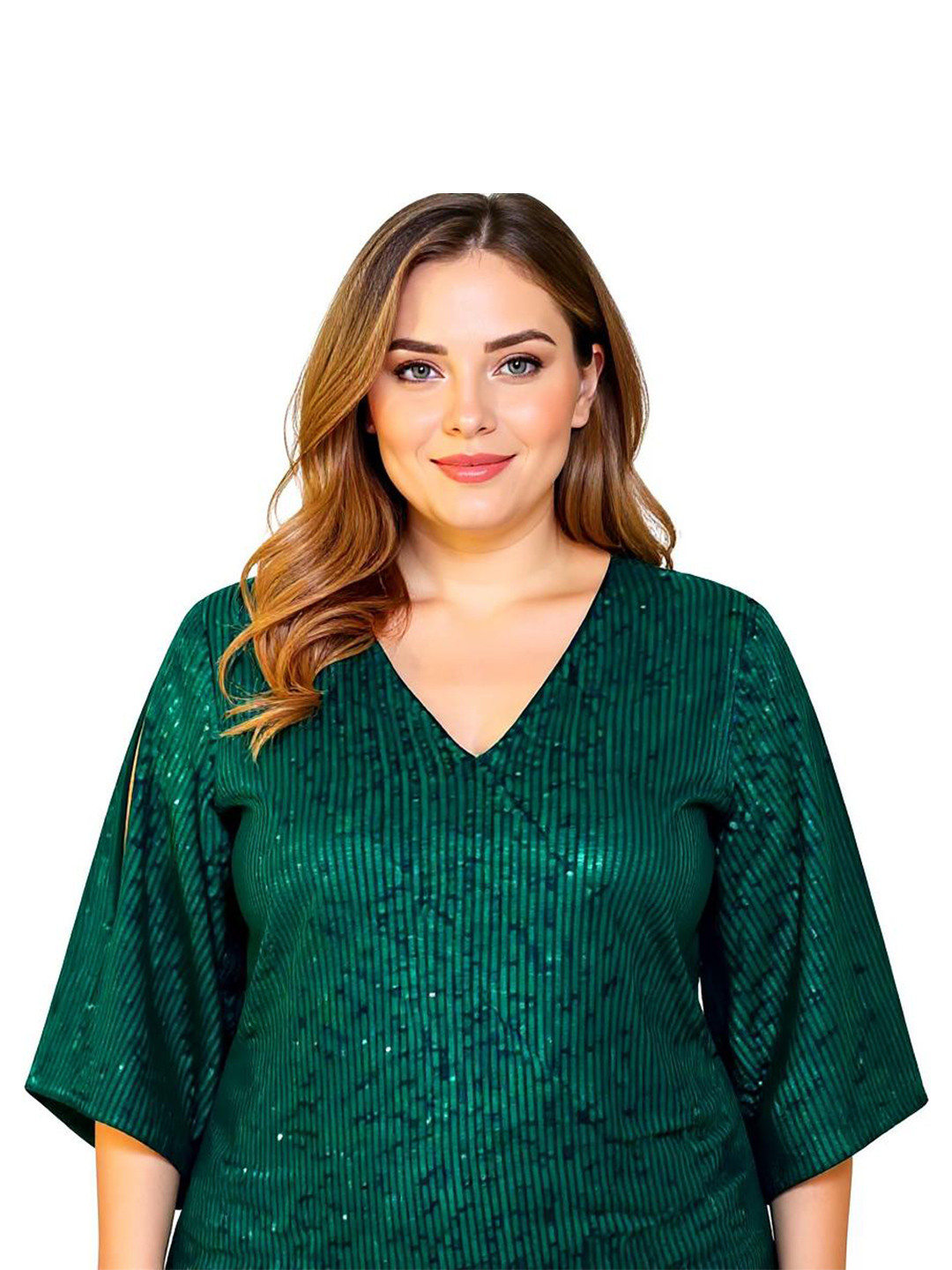 Sztori Plus Size Embellished V-Neck Sequined Flared Sleeves Party Top
