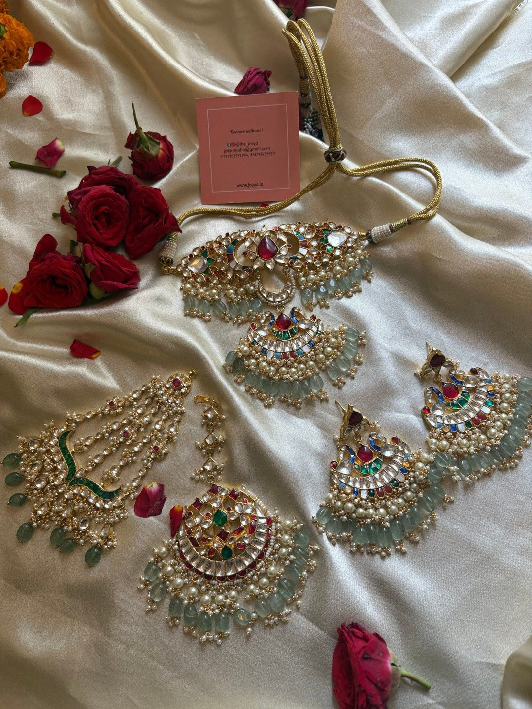 JOSYA Kundan And Stones Studded & Beaded Necklace & Earrings & Maang Tika And Jhumar