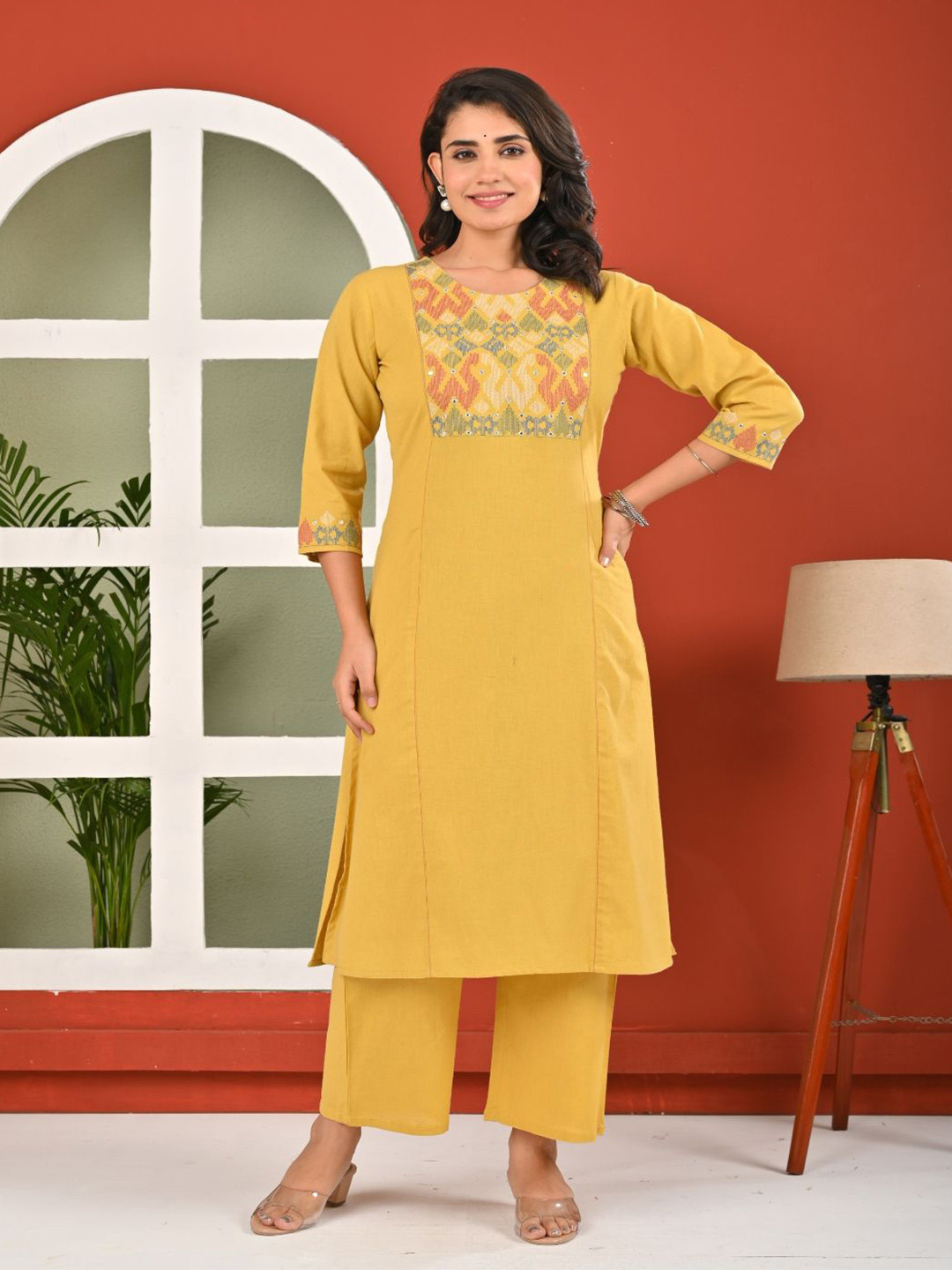 Belveera Ethnic Motifs Yoke Design Round Neck Zari Pure Cotton Kurta