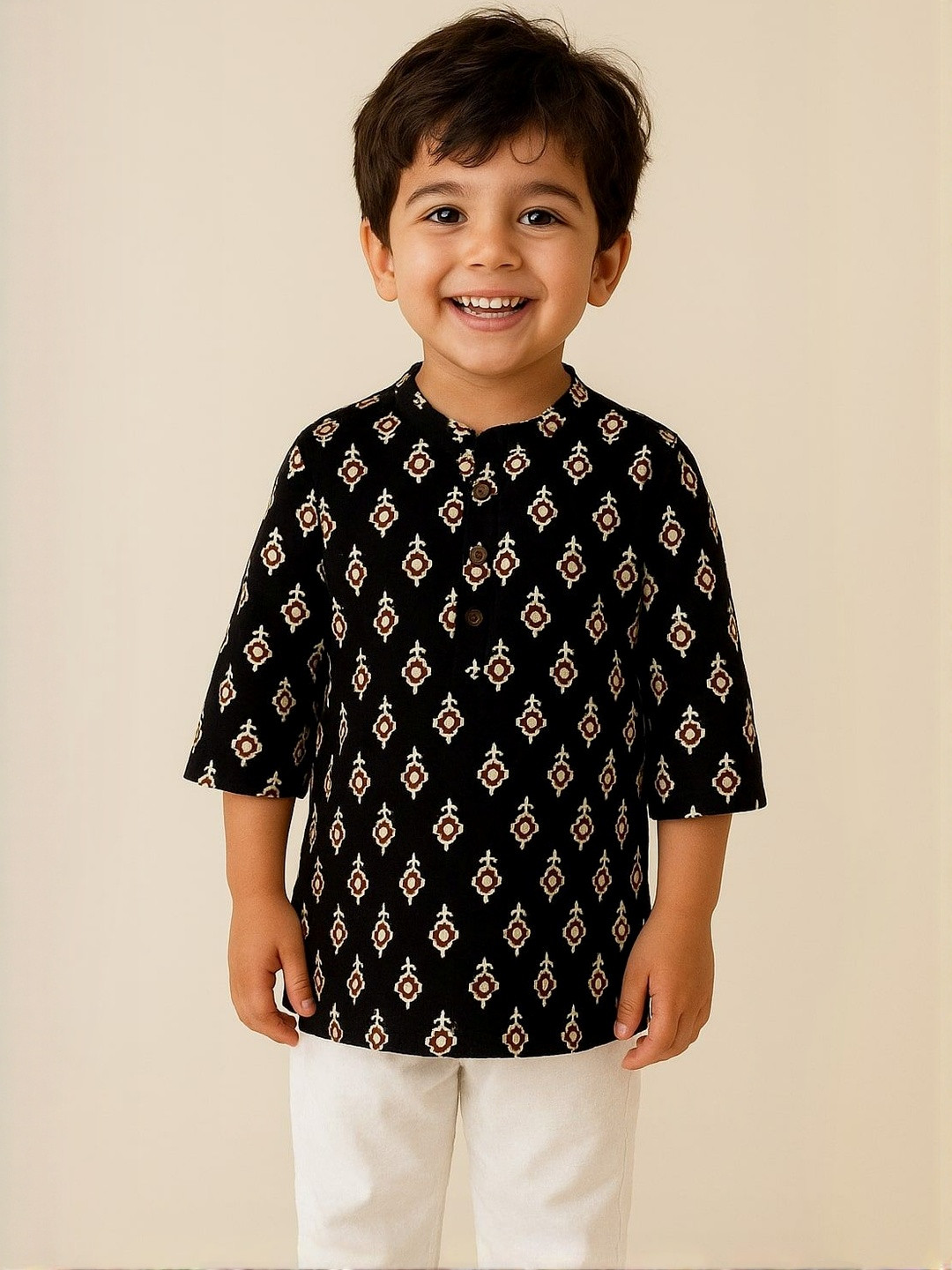 L R TEXTILES Boys Black Cotton Ethnic Motifs Printed Block Print Kurta