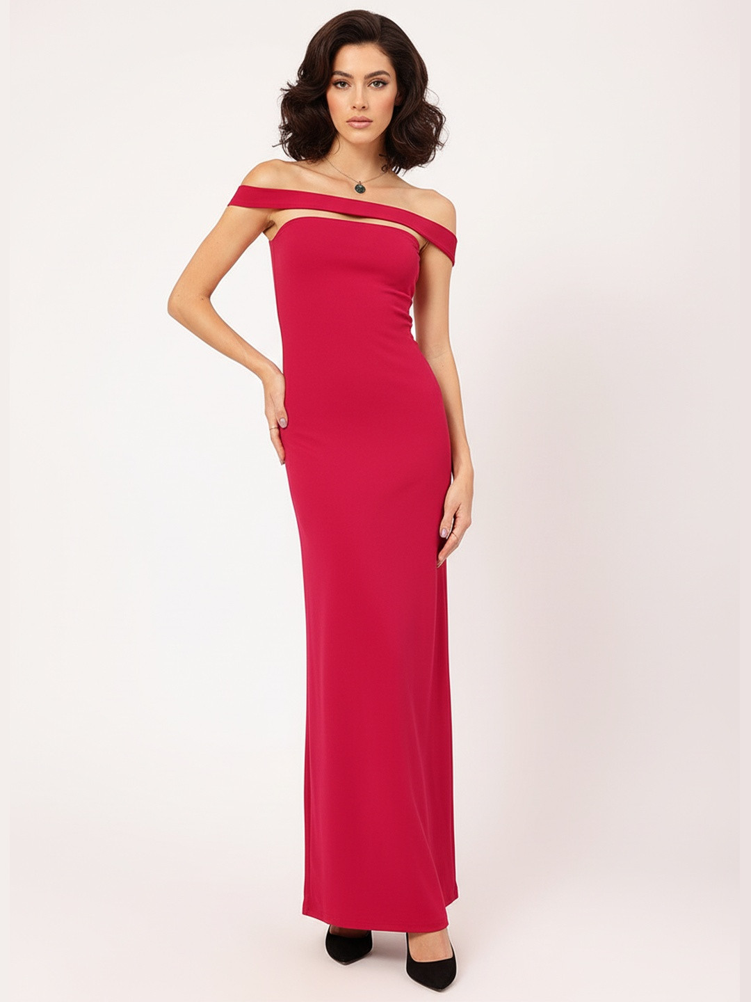 DressBerry Glamour Glint Off-Shoulder Maxi Sheath Dress with Back Slit